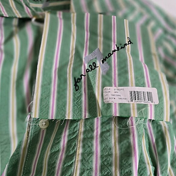 New 7 For All Mankind Pink Green Striped Crinkle Cotton Button Down Preppy XL - Picture 13 of 14